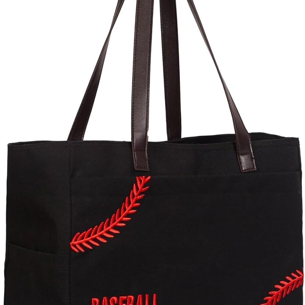Baseball Mom Canvas Tote Large Shoulder Bag Sports Gift with Pockets